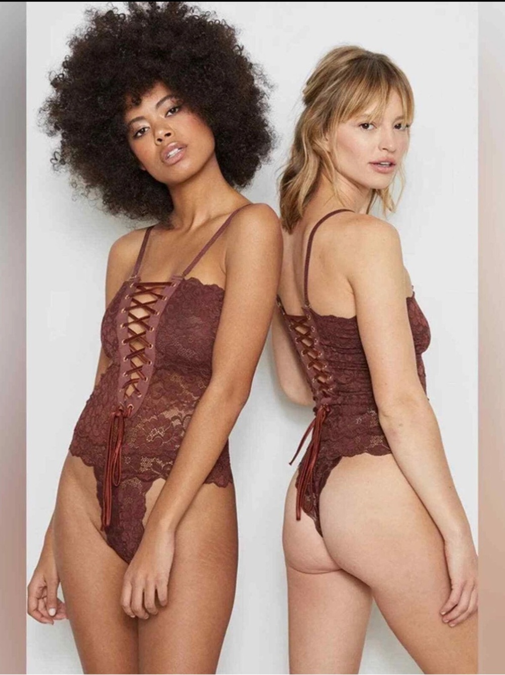 HAH X Free People Brown Spinster Reversible Stretch Lingerie Lace-Up Bodysuit M